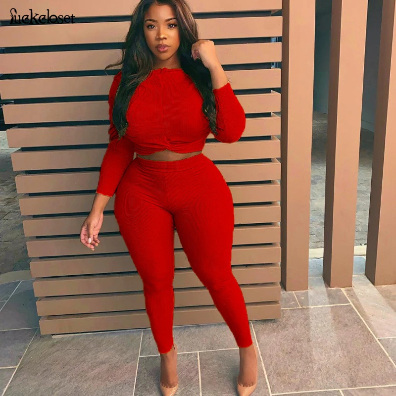 

Ribbed Knitted Round Neck Casual Autumn Streetwear Suits Bandage Women Long SleeveCrop Top And Pants Bodycon Two Piece Outfits