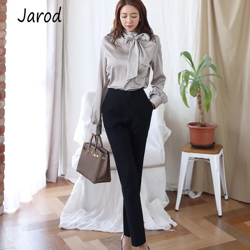 2 Piece Set Весенний официальный Женский комплект из 2 предметов, модный серый шифоновый галстук-бабочка, блузка с рукавами-фонариками+ Черные OL с высокой талией, широкие брюки, костюм - Цвет: 2 Piece Set