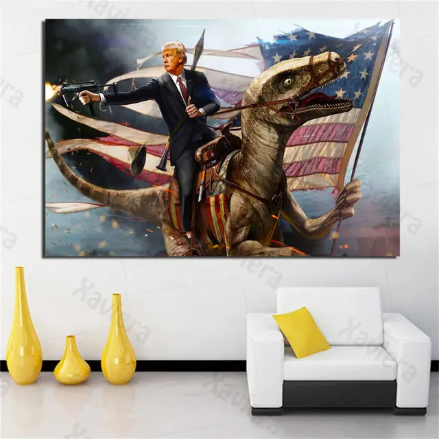 President Donald Trump Shooting Gun Canvas Painting American Flag Dinosaur Picture Modern Home Decor Living Room Wall Art Poster 1