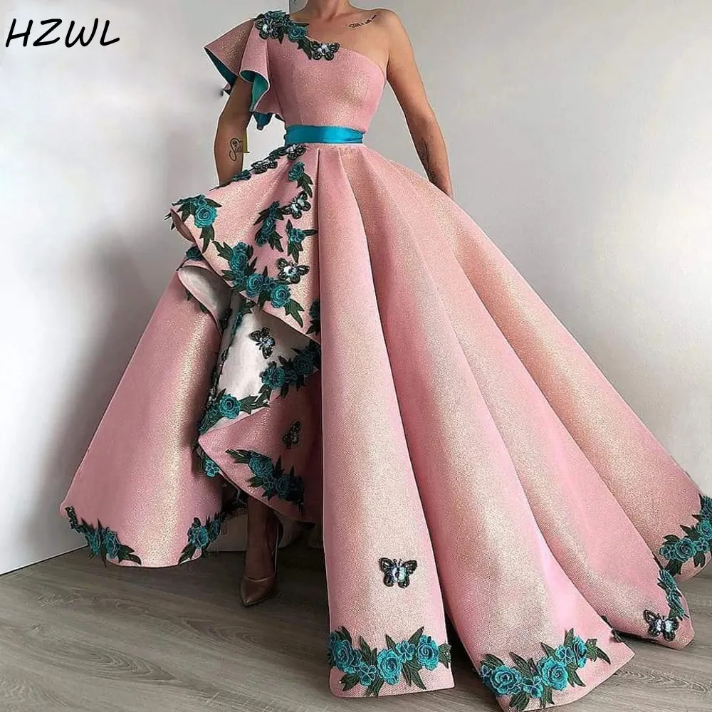 

African Pink Evening Dresses One Shoulder Butterfly Appliques Flowers Prom Dress With Sash high Low Party Gowns vestido de festa