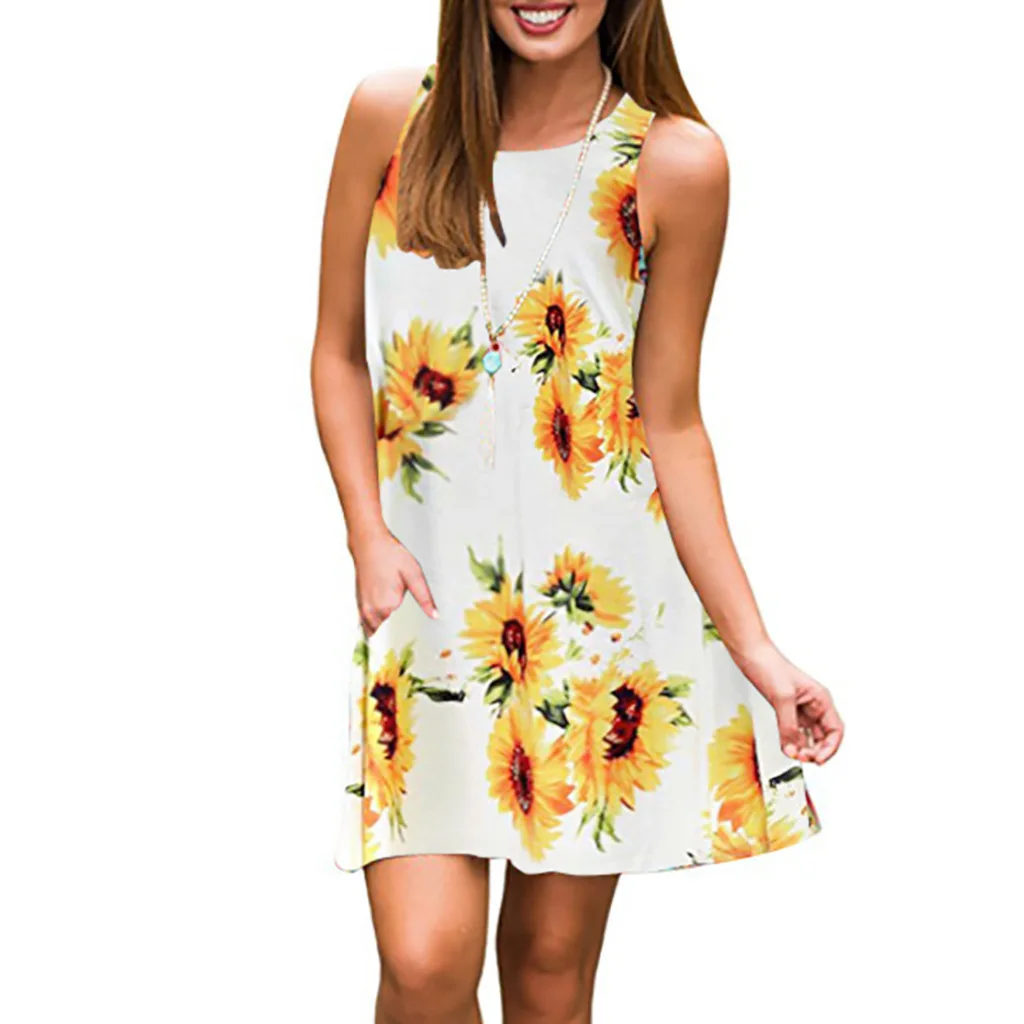 Летний, бохо-стиль, женские Сексуальные Платья с цветочным рисунком, пляжные, с коротким рукавом, с u-образным вырезом, с оборками, вечерние платья в богемном стиле - Цвет: White sunflower