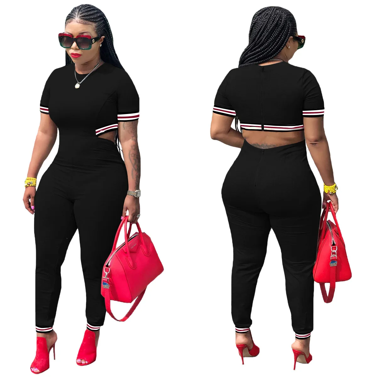 2019 explosion models Europe and the United States urban fashion women's webbing short-sleeved three-color jumpsuit trousers 2019 explosion models Europe and the United States urban fashion women's webbing short-sleeved three-color jumpsuit trousers