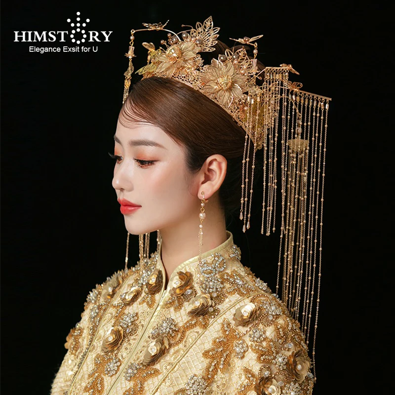 

HIMSTORY Chinese Bridal Tiaras Queen phoenix Diadem Long Tassel Crowns Hair Jewelry Wedding Earring Hair Set Head Accessory