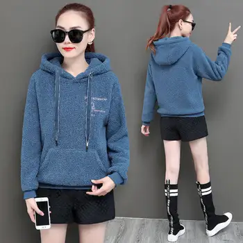

Autumn and winter new ladies pink sweet hooded sweatshirt loose pocket hoodie plus velvet wool flannel pullover sweatshirt women