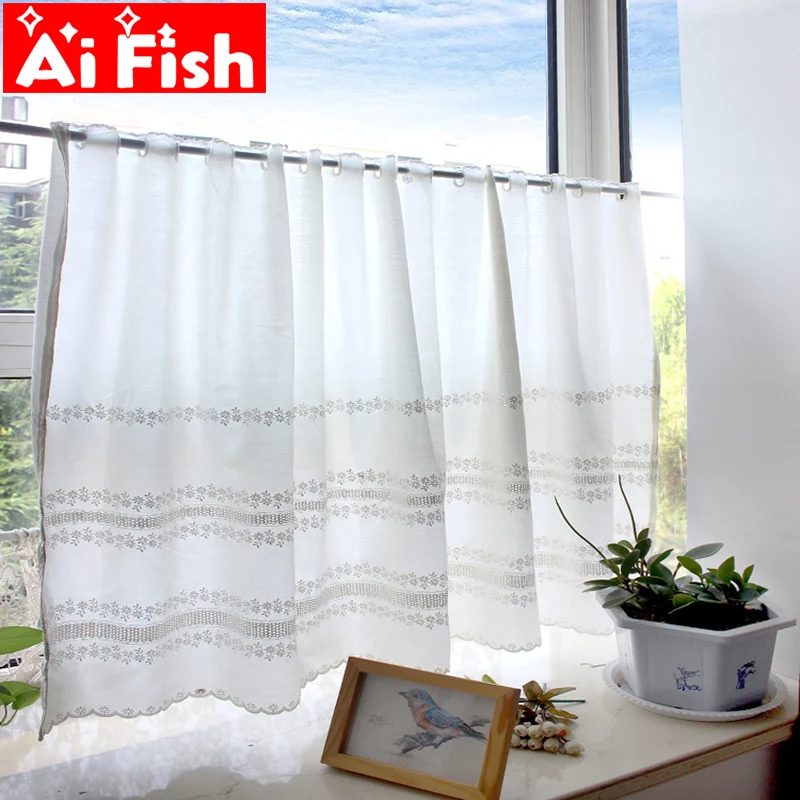 

Fashion White Flowers Lace Hollow Tulle Fabric Coffee Curtain Water Soluble Lace Window Treatments Kitchen Panels Decor A25-50