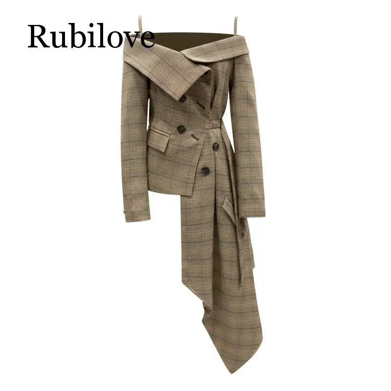 

Rubilove High Street Women's Elegant Off the Shoulder Plaid Printing Asymmetrical Slim Blazer