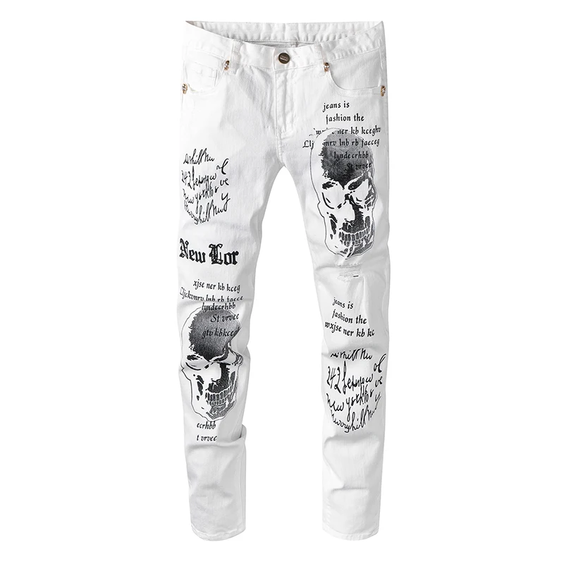 Men's skull printed white ripped jeans Fashion letters painted stretch denim pants Men's skull printed white ripped jeans Fashion letters painted stretch denim pants