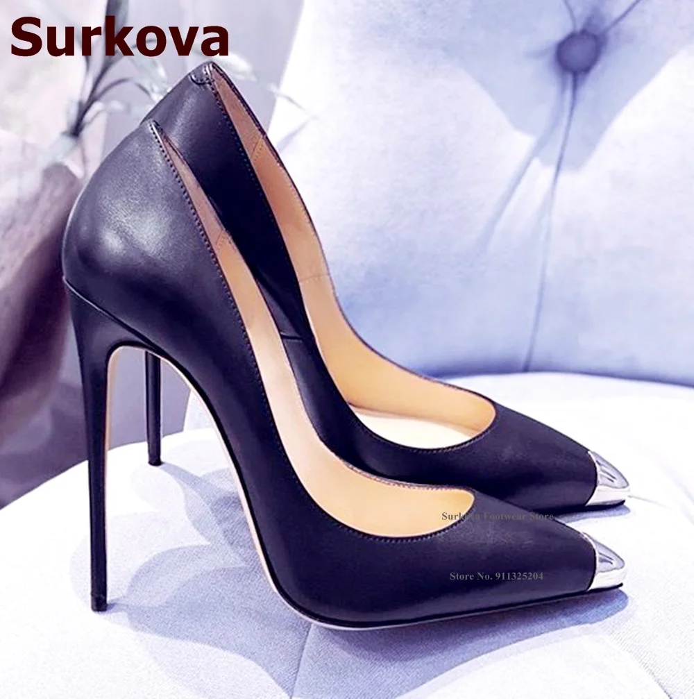 

Surkova Women Black Matte Steel Tip Toe High Heel Shoes Shallow Cut Slip-on Patchwork Dress Pumps Size46 Banquet Shoes Dropship
