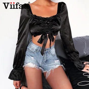 

Viifaa Frilled Square Neck Bow Front Black Crop Blouse 2020 Spring Women Backless Sexy Tie Back Tops and Blouses