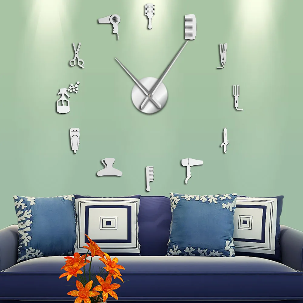 DIY r GeschäFt Riesen Wand Uhr mit Spiegel Effekt Barber Werkzeug Kits Deko D9A8 