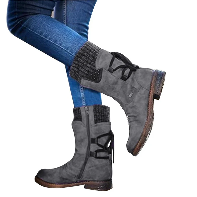 MoneRffiWomen's Mid Calf Boots Winter Woman Warm Zip Snow Boots Female PU Leather Solid Sewing Platform Shoes Women Causal Boots