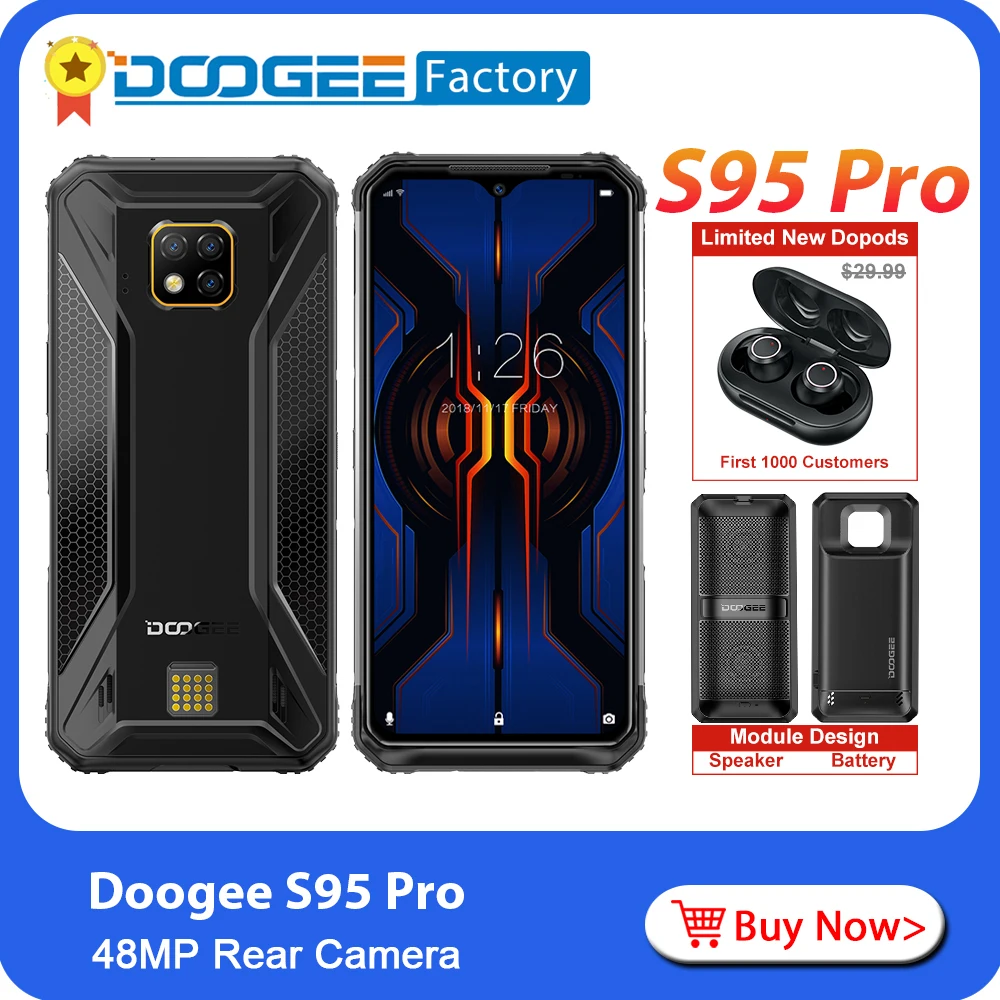 

New DOOGEE S95 Pro Modular Rugged Mobile Phone 8GB 128GB Helio P90 6.3 inch Display 5150mAh Octa Core 48MP Camera Android 9