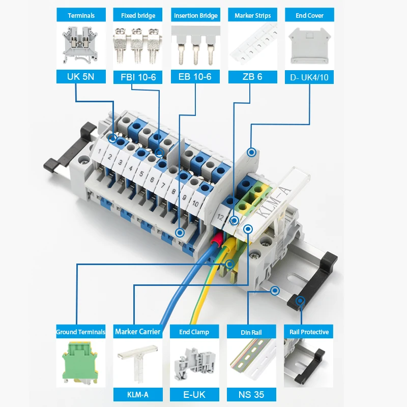 Din Rail Terminal Blocks 10Pcs UK-5N Universal Class Connector Screw Contact Conductors UK5N Panel Mount terminal strips