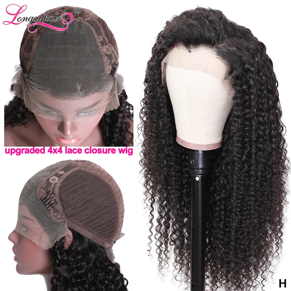 Longqi hair Модернизированный 4x4 кружева закрытие парик человеческих волос кудрявый