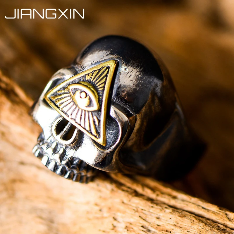 

9.5g 925 Sterling Silver Eye of Providence Skull Adjustable Ring for Men Punk Rock Jewelry All-seeing Eye Vintage Silver Gift