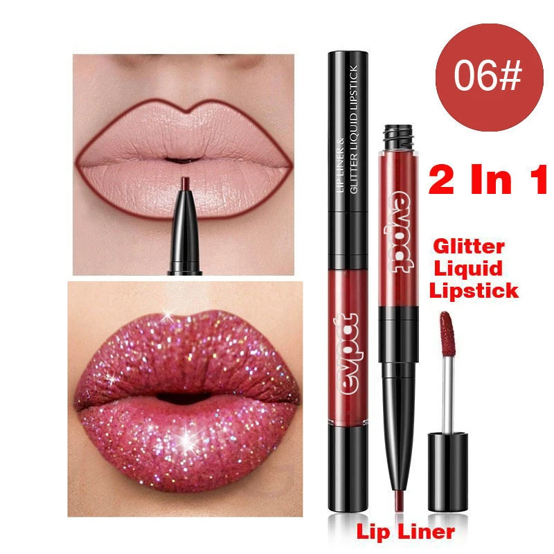 2 In 1 Lip gloss + Liner Glitter Waterproof  Double-end