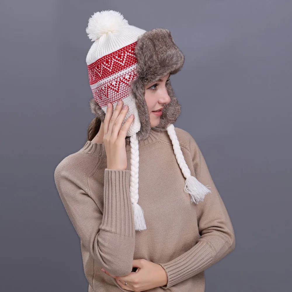 Men Women Warm Winter Knit Beanie Hiphop Cap Hat with Ear Flaps Snow Ski Thick Knit Wool Beanie Cap Hat