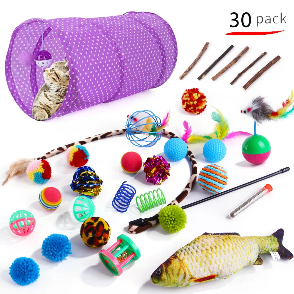 

30Pcs Pets Cat Toys Kit Fish Mouse Shape Toys Balls Bell Interactive Kitten Toys Cat Channel Tunnel Cat Teaser Wand Value Bundle