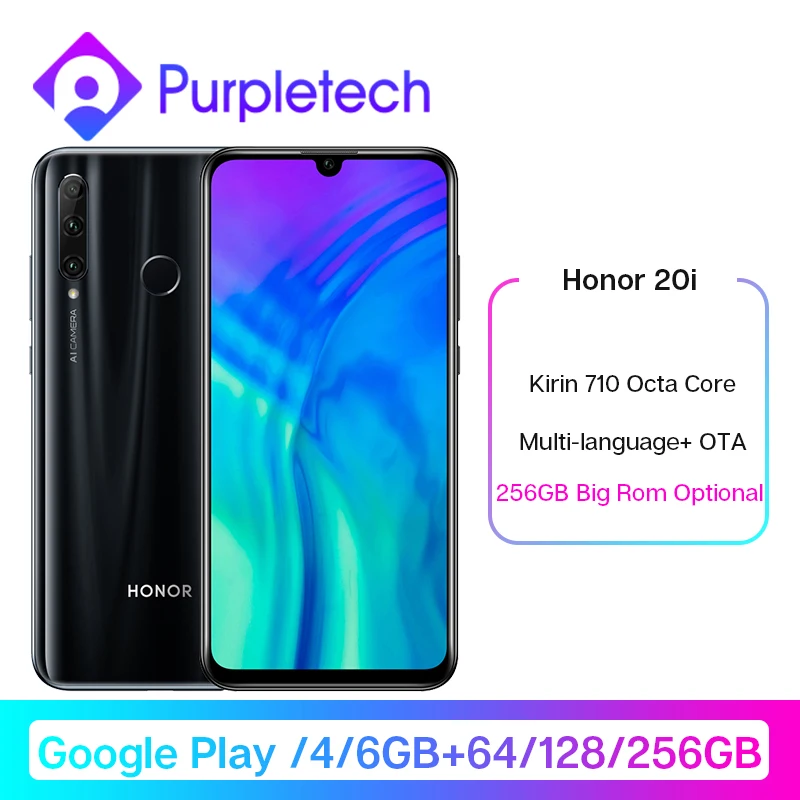 Google Play Honor 20i 20 i смартфон 20 lite Kirin 710 Восьмиядерный передний 32 МП задний 24 МП Тройная камера разблокировка отпечатков пальцев 3400mA