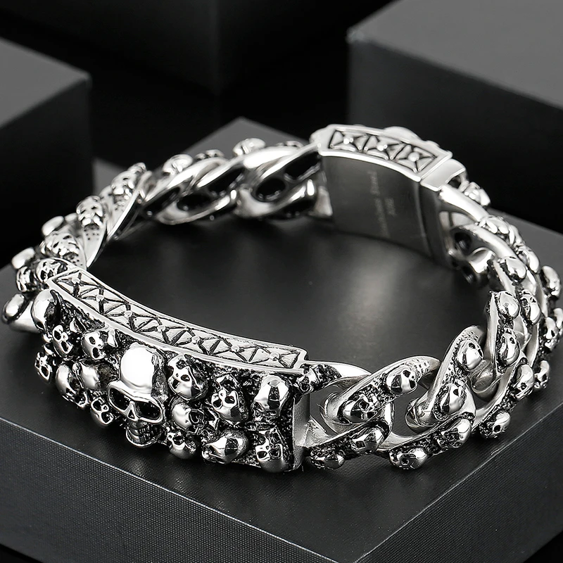 Veshon Men's Rose Skull Bracelet - Two-Row Leather Braided Steel Bangle, Gothic Punk Jewelry, 8.3 Inch