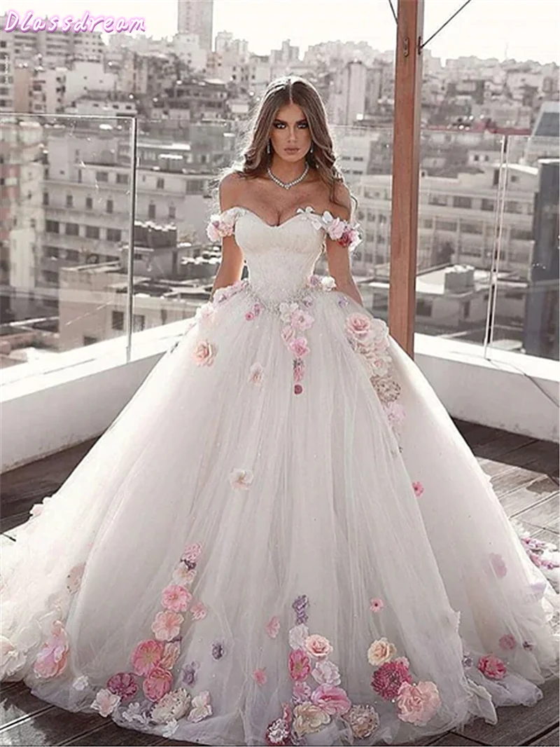 

White Wedding Dress 2020 Flowers Luxury Off Shoulder Sweetheart Neck Court Train Ball Gown Bridal Dress vestidos de novia