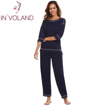 

Women Sleepwear 3/4 Sleeve Contrast Color T-Shirt Top Long Pants Pajama Set