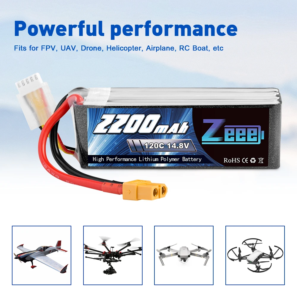 2-Pack Zeee 4S LiPo Battery 14.8V 2200mAh 120C – High-Performance Rechargeable Battery with XT60 Plug for FPV Drone, RC Car, Boat & Aircraft Models 5