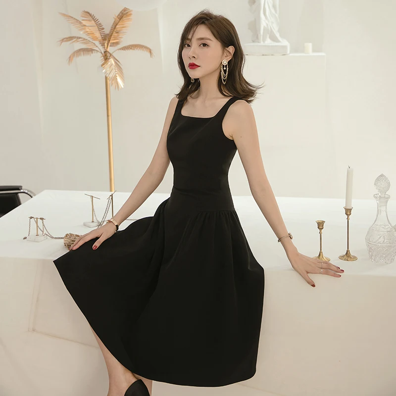 

YIGELILA Summer New Arrivals Black Dress Square Collar Sleeveless Sexy Dress A-line Spaghetti Strap Solid Dress 65223