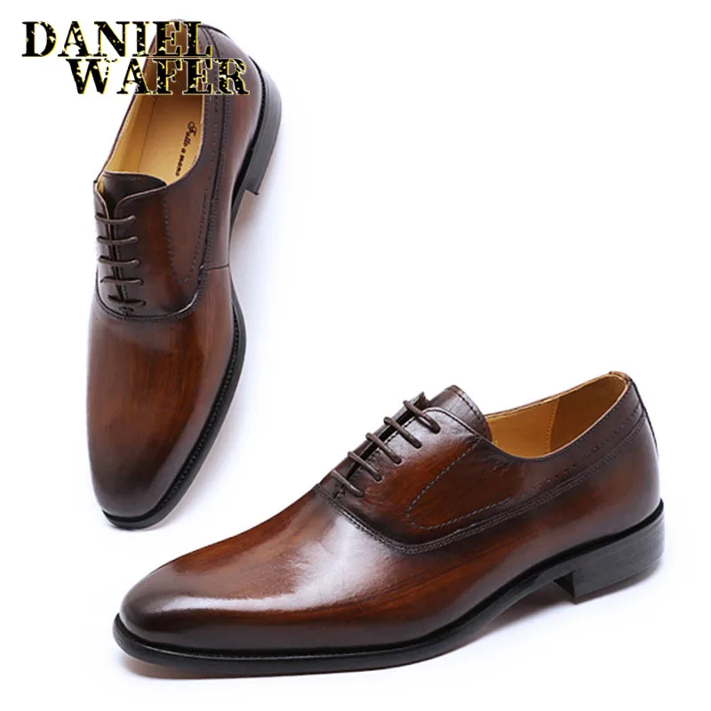 Genuine Leather Luxury Italian Pointed Toe Men Shoes Lace Up Coffee Brown Business Suit Oxford