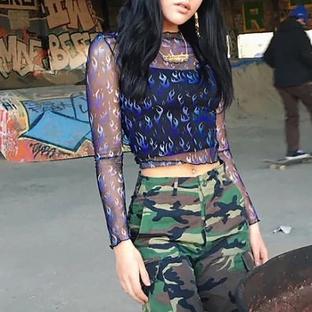 

Fashion Blue Flame Print Women T Shirt Sexy Mesh Long Sleeve Womens T-shirt Spring Summer Ladies See Through Tops Tees