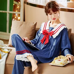 Autumn Winter New Style Long-sleeved Trousers Women's Pajamas Suit Cotton Contracted Natural Doll Collar Leisure Home Clothes