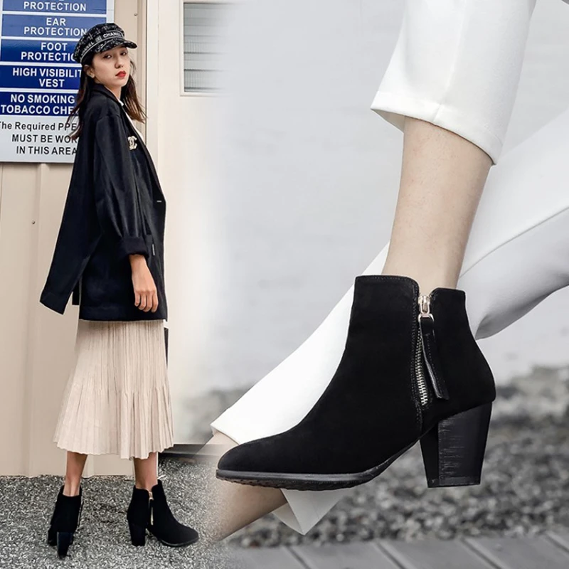 Kolnoo New Winter Style Womens Ankle Boots Versatile Matte-Suede Pointed-Toe Dress Boots Large Size 34-50 Fashion Short Shoes