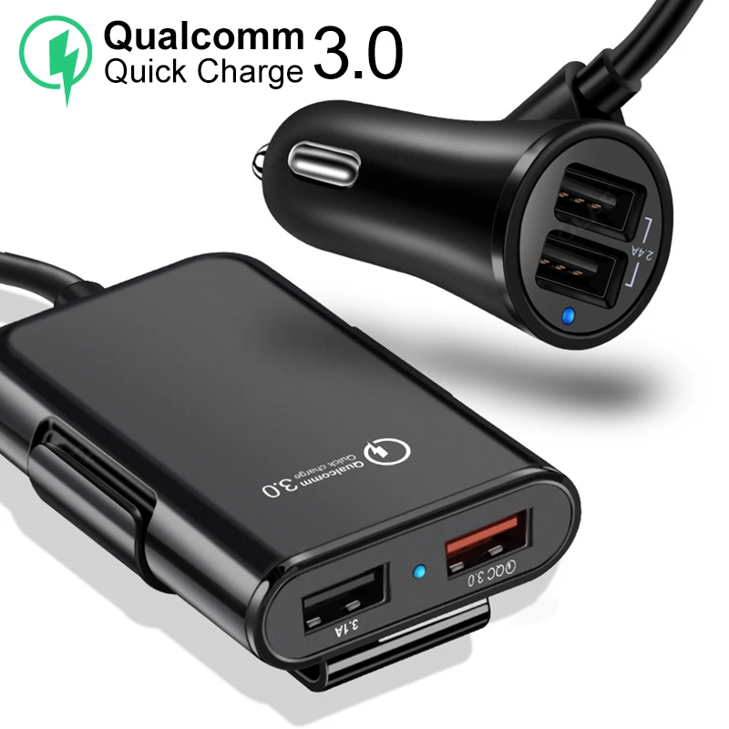 Автомобильное зарядное устройство Quick Charge 3,0, зарядное устройство для мобильного телефона, переднее сиденье, заднее сиденье, зарядное устройство, 4 порта, автомобильное зарядное устройство для S10 A70 S7 Redmi 5