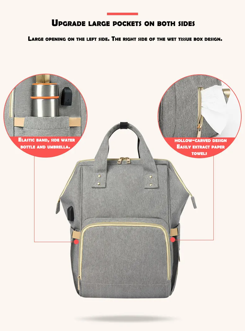 Модная мама Материнство сумка для переноски подгузников Водонепроницаемый сумка для подгузников; рюкзак для путешествий USB большой Ёмкость сумка-рюкзак для ухода за ребенком