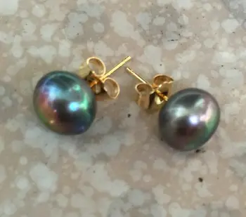 

charming a pair of 9-10mm tahitian black green pearl earring 14k