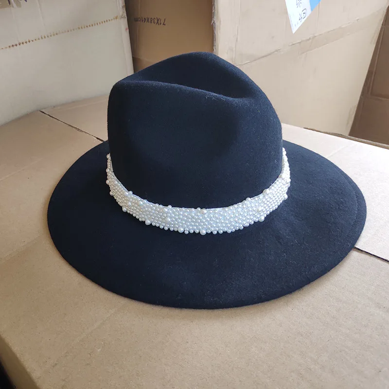 

Classical Pearl Wool Hat Crushable Wide Brim Black Fedora Women Winter Hat Panama Jazz Hat Derby Wedding Church Hats
