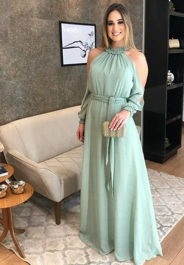 pretty prom dresses Elegant A-Line Long Chiffon Prom Dresses with Pockets Zipper Back Floor Length Green Halter Robe De Soiree Formal Party Gown short formal dresses Prom Dresses