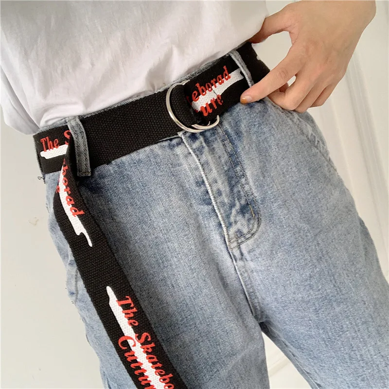 

Women Men Canvas Belts Letter Printed D Ring Ladies Long Waist Strap Jeans Trouser Student Female White Waistband Harajuku Punk