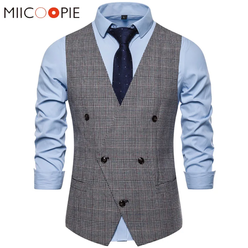 Mens Suit Vests New Casual Vintage Plaid Double Breasted Chalecos Para Hombre Fashion gentleman Business Formal dress Waistcoat | Мужская