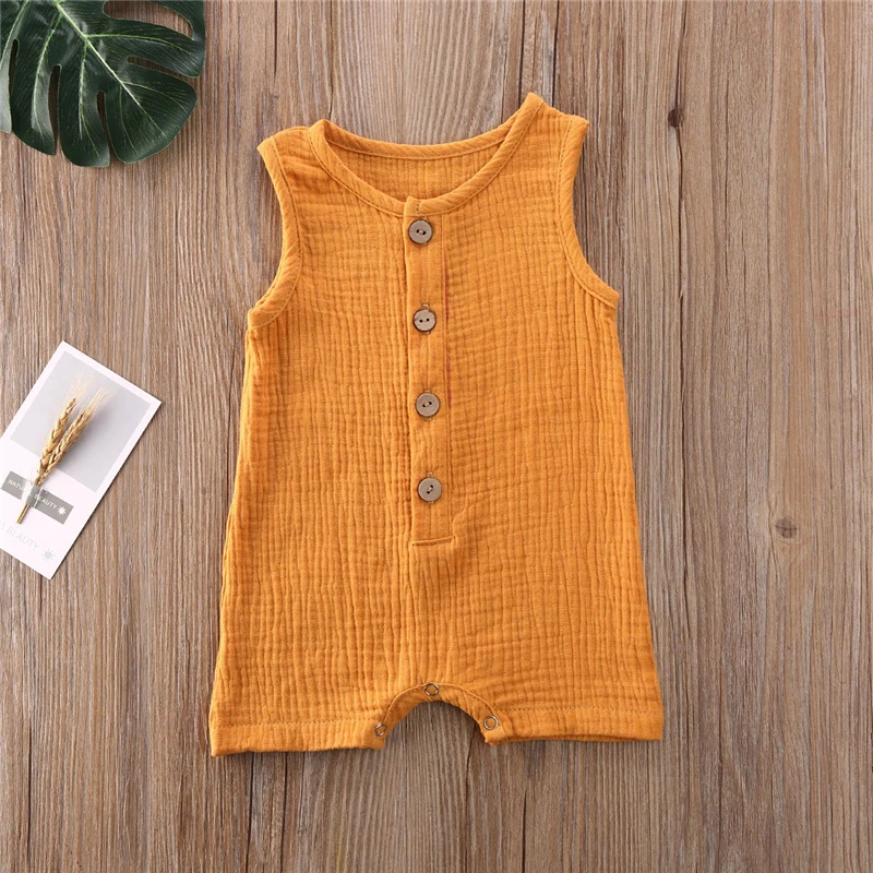 2021 Toddler Baby Rompers Single Breasted Clothes Infant Baby Girls Boys Sleeveless Button Solid Color Romper Summer Clothing Cute Infant Baby Girls Romper Baby Rompers