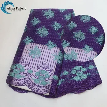 

Alisa Purple Color African Mesh Lace Fabric 5 Yards/pcs Popular Nigeria Lace Fabric With Stones And Embroidery For Women Dress