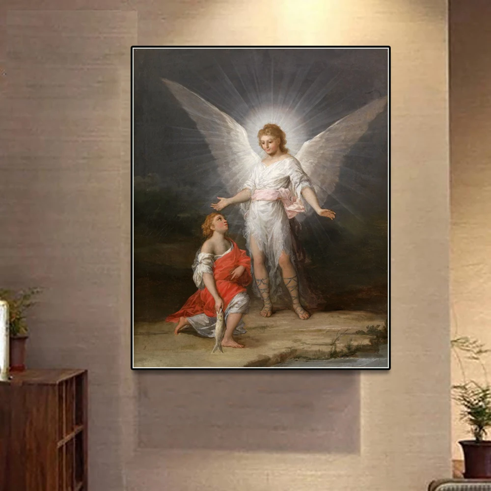 

Laeacco Canvas Retro Painting Calligraphy Tobias and Angel Poster Prints Wall Art Picture Living Room Church Christmas Decor