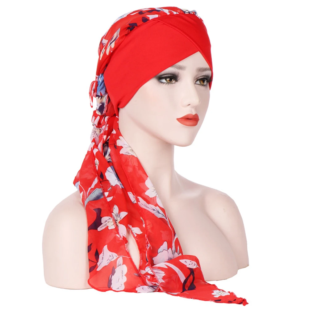 Women Fashion Gift Silk Chiffon Forehead Cross Multifunction Dome Summer Easy Wear Long Tail Cap Muslim Chemo Cap Turban Printed