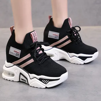 

Sneakers Women Mesh Increase Within Ladies Shoes Autumn Lace-up Vulcanized shoes Black Pink Chunky Platform Soft Sneakers Female