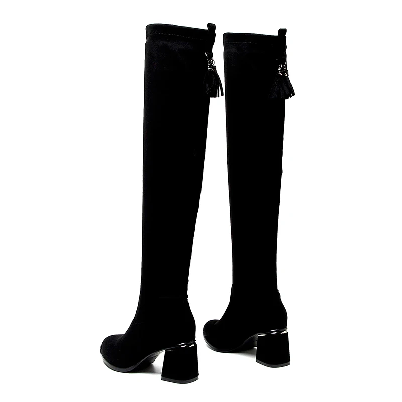 Misalw/женские ботфорты выше колена на каблуке 5 см; черные осенние эластичные пикантные женские сапоги из флока без застежки на квадратном каблуке