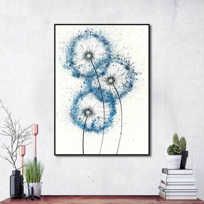 

Blue Dandelion Watercolor Plant Modern Canvas Painting White Background Wall Art House Decor Poster for Room Office Hotel