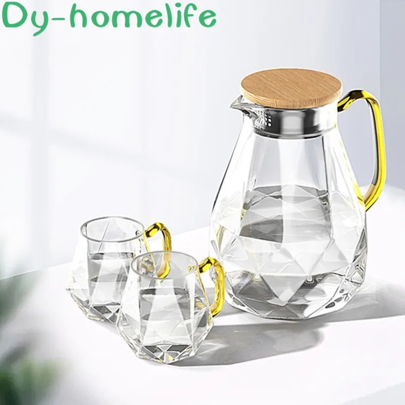 

Glass Water Ware Diamond Transparent Gold Handle 1.8L Cold Kettle Cup Coffee Tea Set Gas Bar Decoration Home Kitchen Supplies