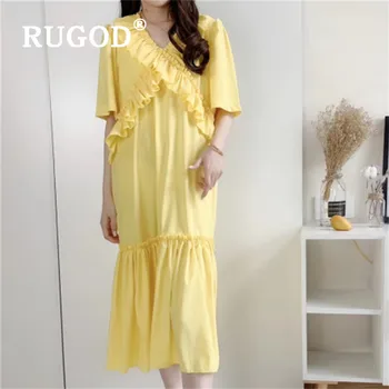 

RUGOD 2020 New Women Summer Dress Retro Cross V-neck Stringy Selvedge Petal Sleeve Loose Stright Vestidos