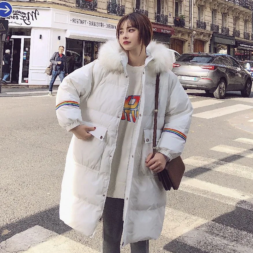 

2019 Chic Korean-style Mid-length White down Coat Hooded Large Fur Collar Rainbow Webbing Cotton Overcoat Women's Winter
