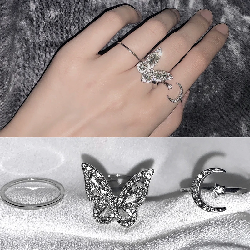 fashion opening cuff inlaid zircon crystal moon butterfly ring sets for Women luxury